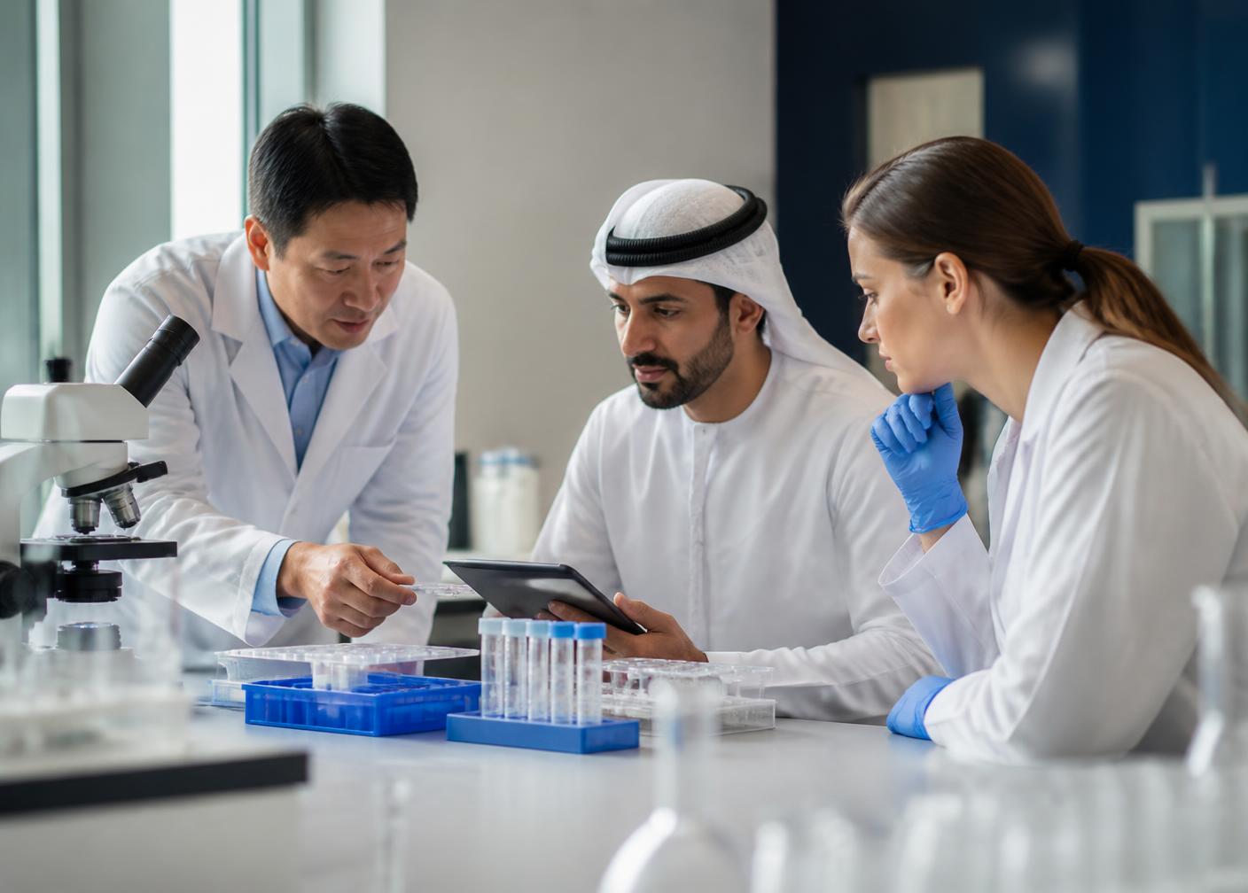 Japanese, Emirati and international researchers reviewing results together in a laboratory