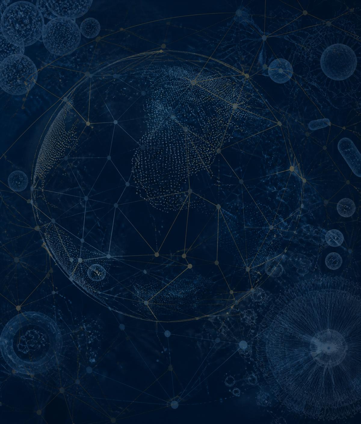 Abstract visualization of connected biotechnology data points forming a global network